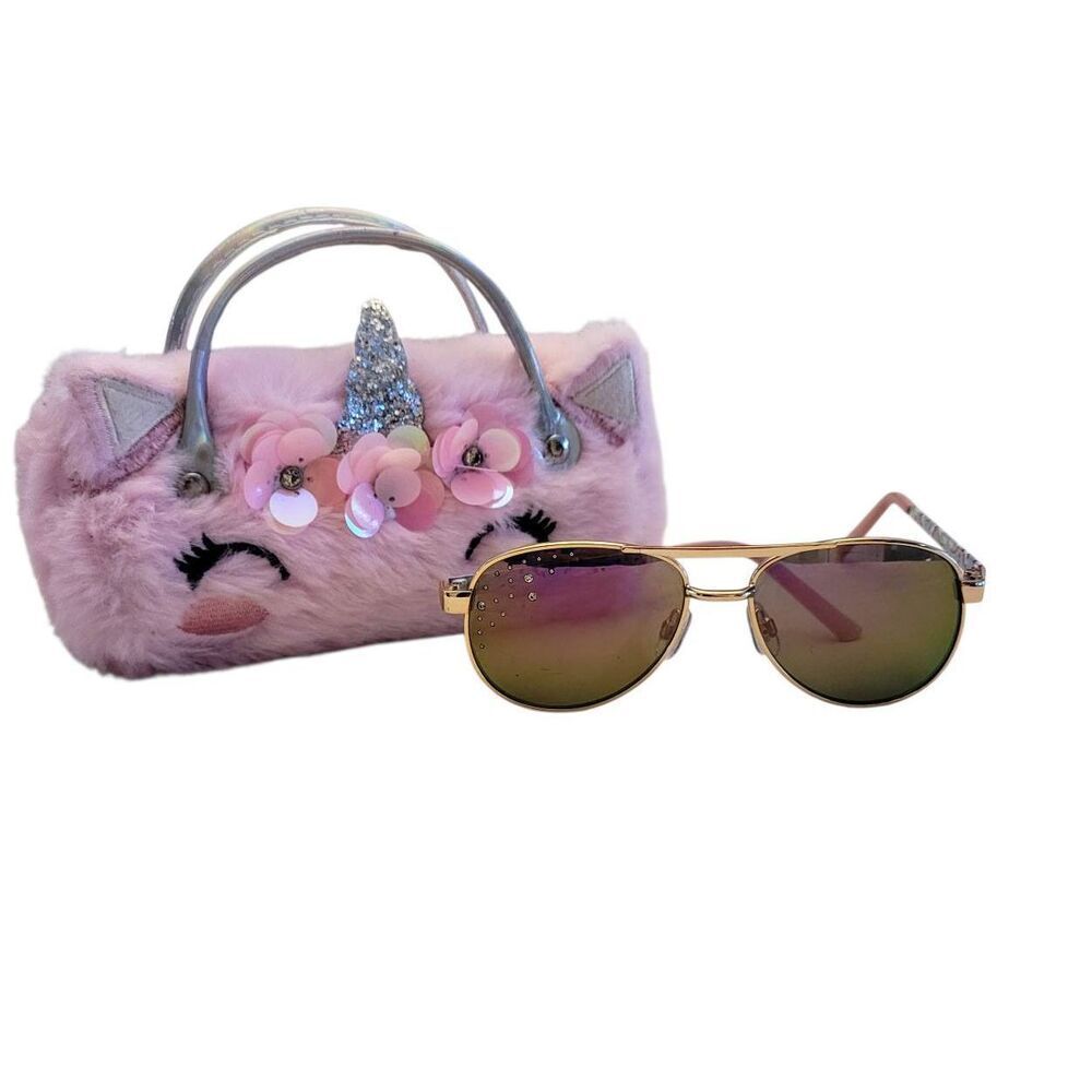 Girls Unicorn Rose Gold Rhinestone Aviator Sunglasses with Furry Sparkly Case